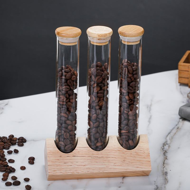 Best Selling Single Dose Food Storage Tubes Wholesale Wooden Display Stand Reusable Glass Storage Shelf