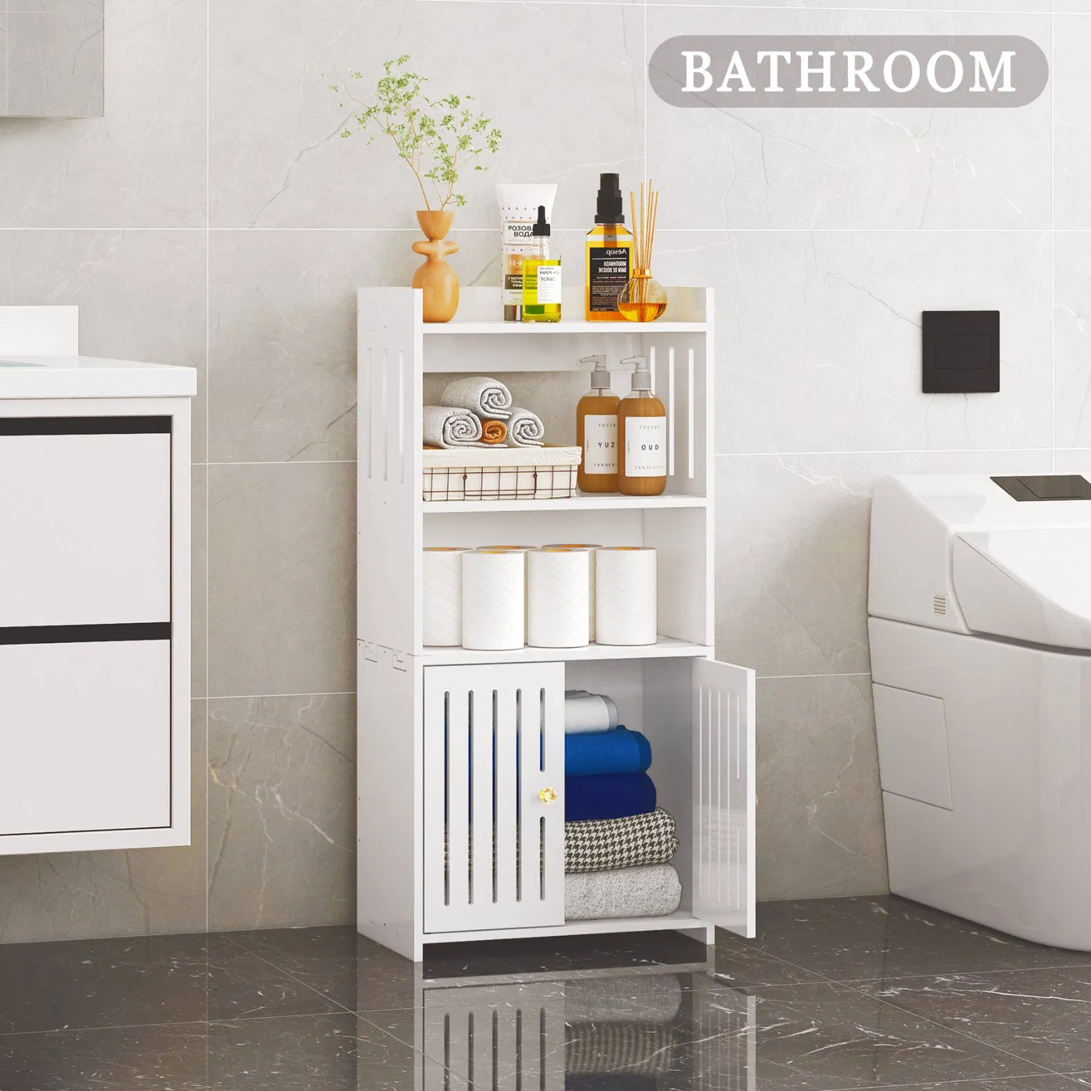 Compact PVC Bathroom Cabinet Shelf Organizer for Small Space Home Kitchen Storage