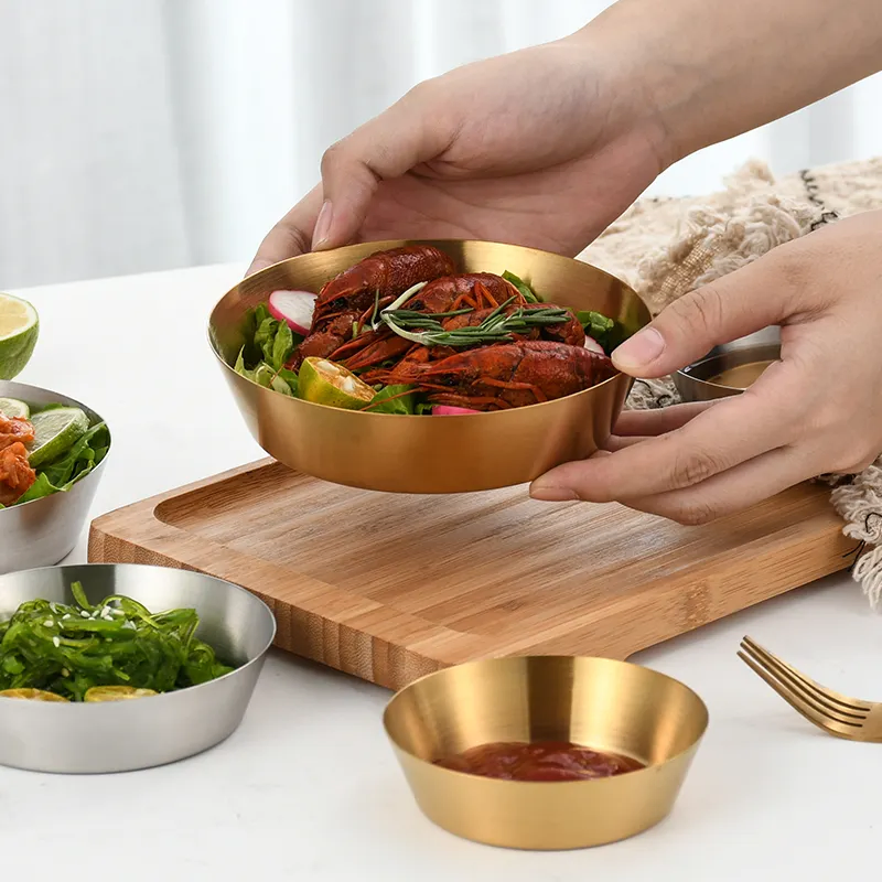 Wholesale 18/8 304 Stainless Steel Korean Golden Snack Square Plate Rice Salad Noodles Basket Dessert Plate