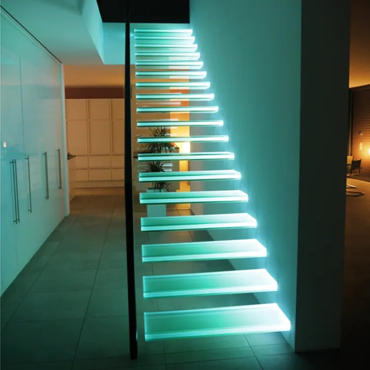 Cbmmart Modern Indoor Metal Glass Mono Stringer Beech/Oak Wood Tread Straight Stair