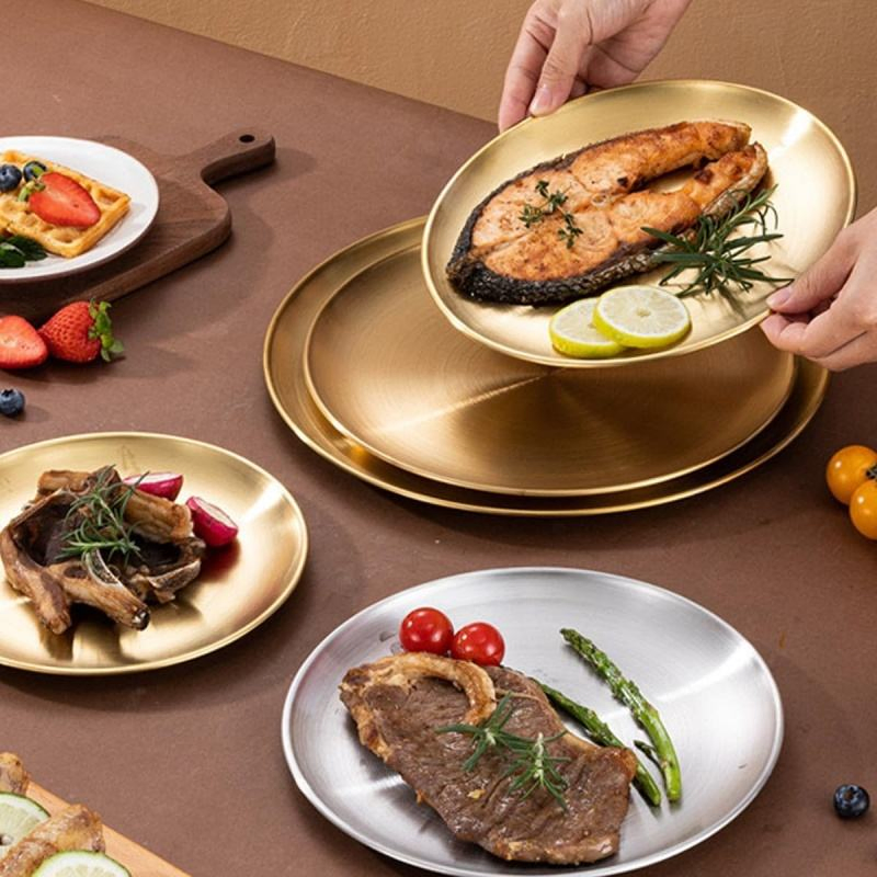 5.5 Inch Stainless Steel Gold Round Dinner Dishes Plate for Barbecue Picnic