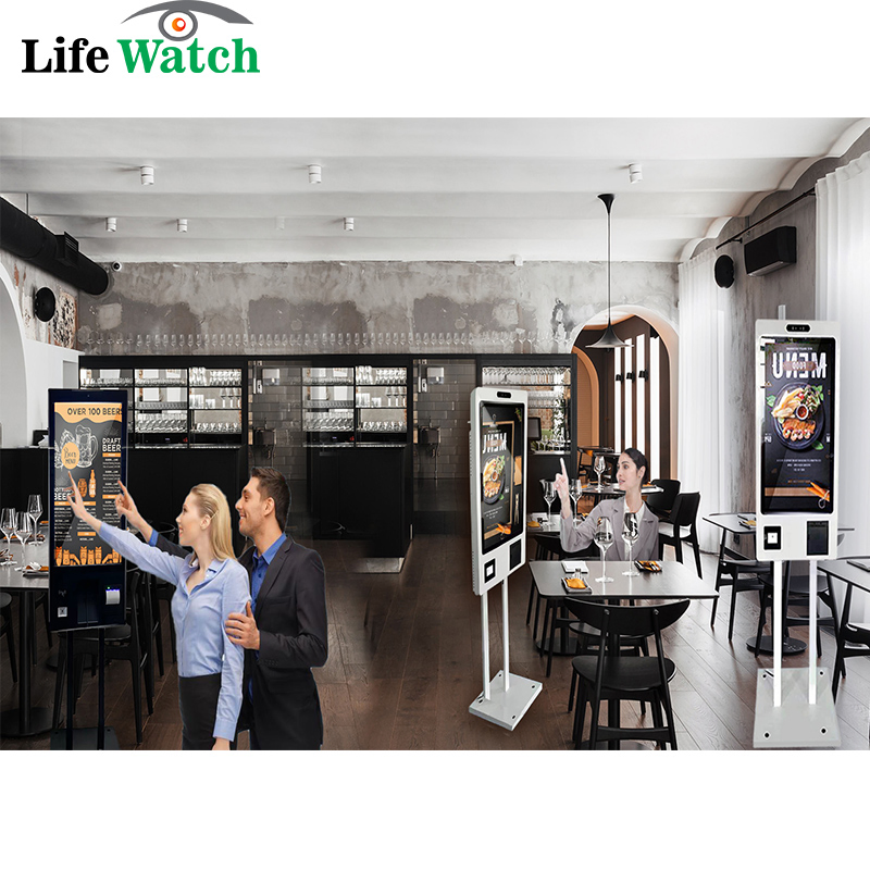 32-Inch Indoor Self-Service Order Checkout Food LCD Kiosk Totem with Embedded Qr Barcode Scanner Thermal Printer Ai Camera