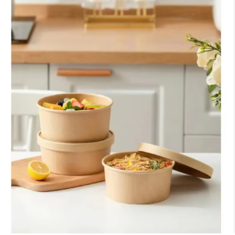 Disposable Take Away Kraft Paper Instant Noodle Containers Hot Soup Cups Salad Bowl with Lids