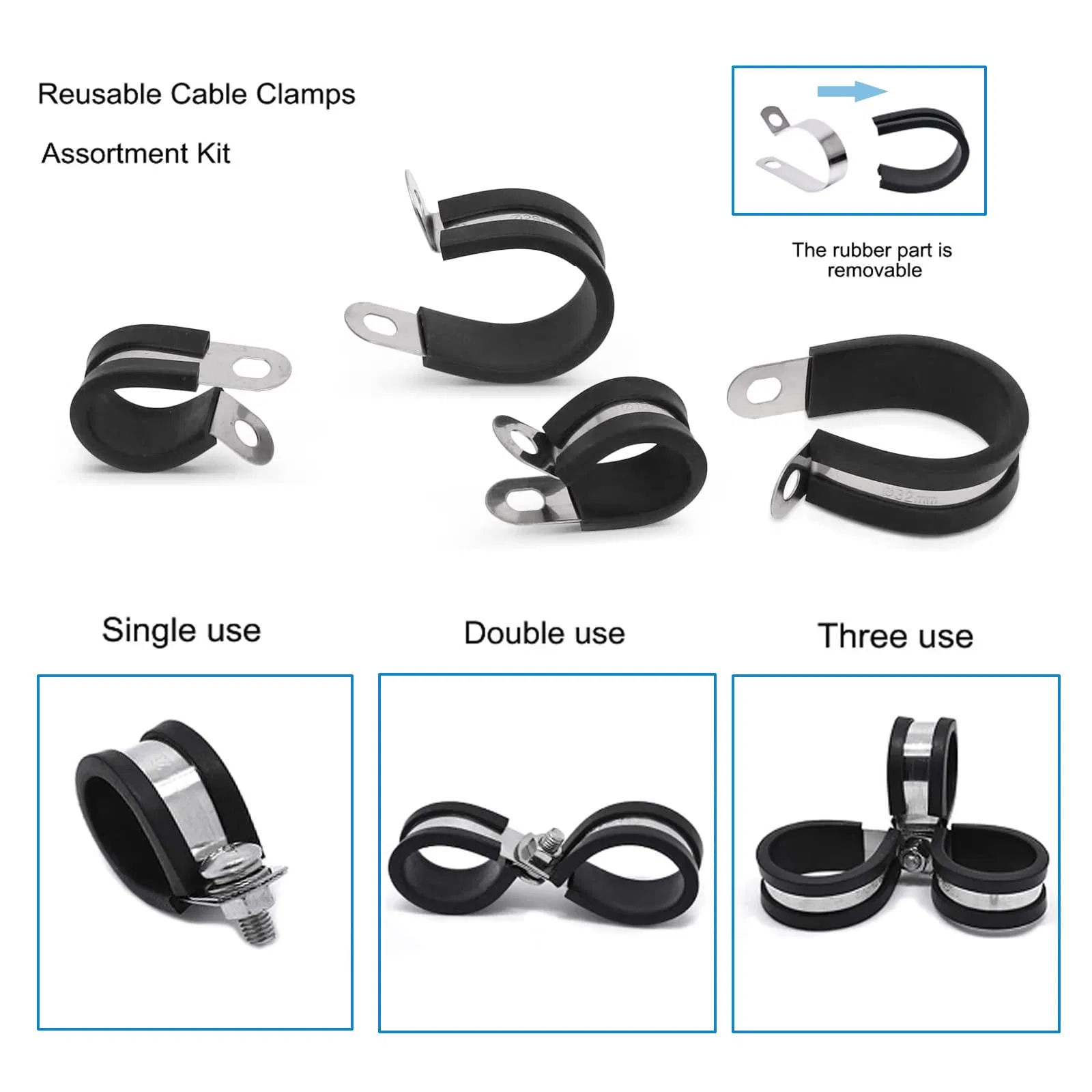 Rubber Lined Pipe Clips 304 Stainless Steel R Type Cable Clamps with Rubber, Loop Clamps, Pipe Clamps, Metal Wire Clamps Pipe Bracket Clamps P Clip