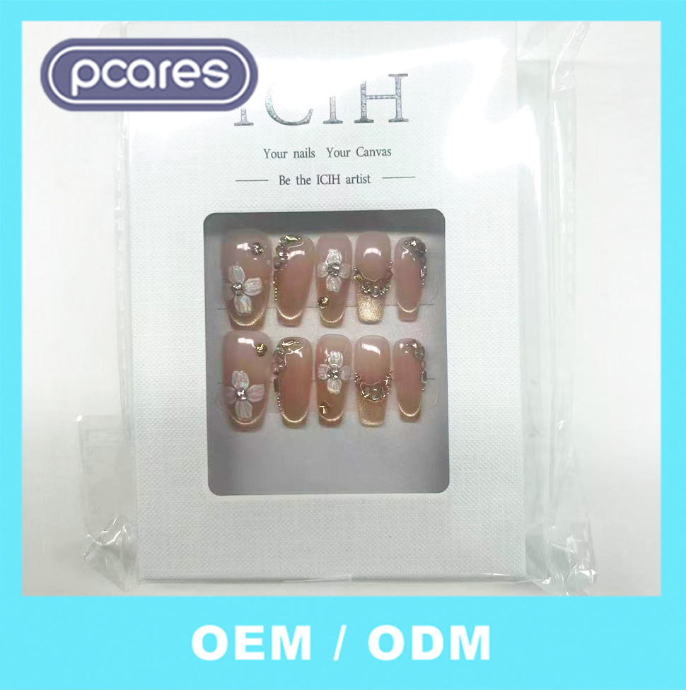 Medium Artificial Nail Tips Tapered Glossy Nude Pink Fake Nail 3D Strass Full Cover Press on Nail L5648