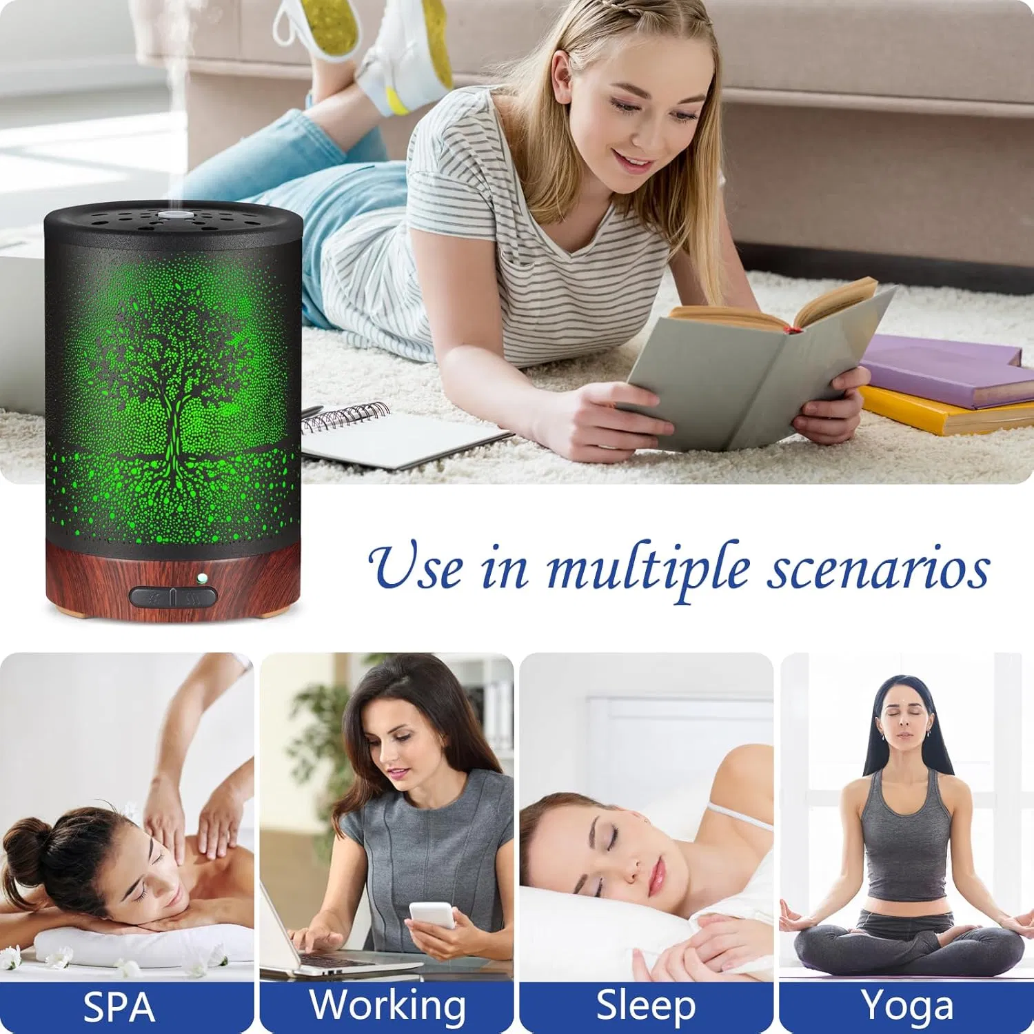 Essential Oil Diffuser Aromatherapy Diffuser With7 Colors Light and Auto-off for Women Metal Cool Mist Humidifier for Home and Office (Tree)