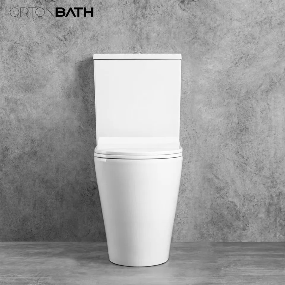 Ortonbath Spain Fully Back to Wall Close Coupled Back to Wall Rimless Bathroom Toilet with Cistern PP Soft Close Seat Cover Two Piece Toilet Bowl