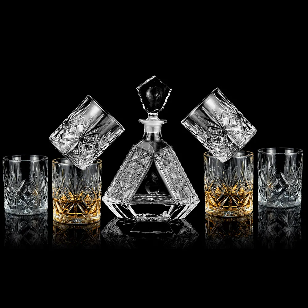 Customized Crystal Glass Whiskey Decanter Champagne Bottle Diamond Cut Mug Set