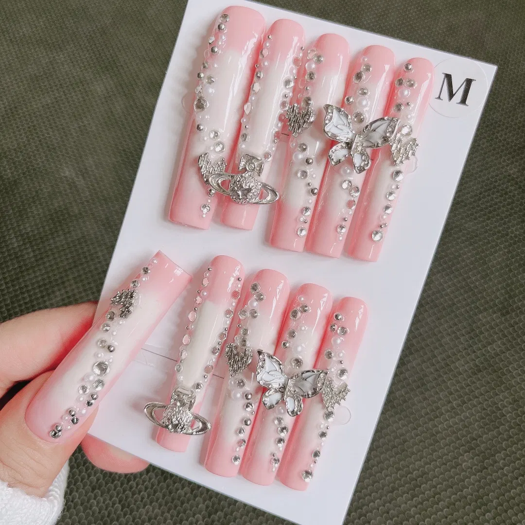 Super Long Coffin Pink Rhinestone Acrylic French Nail Art Luxury Press on Nails False Artificial Fingernails Fake Nails