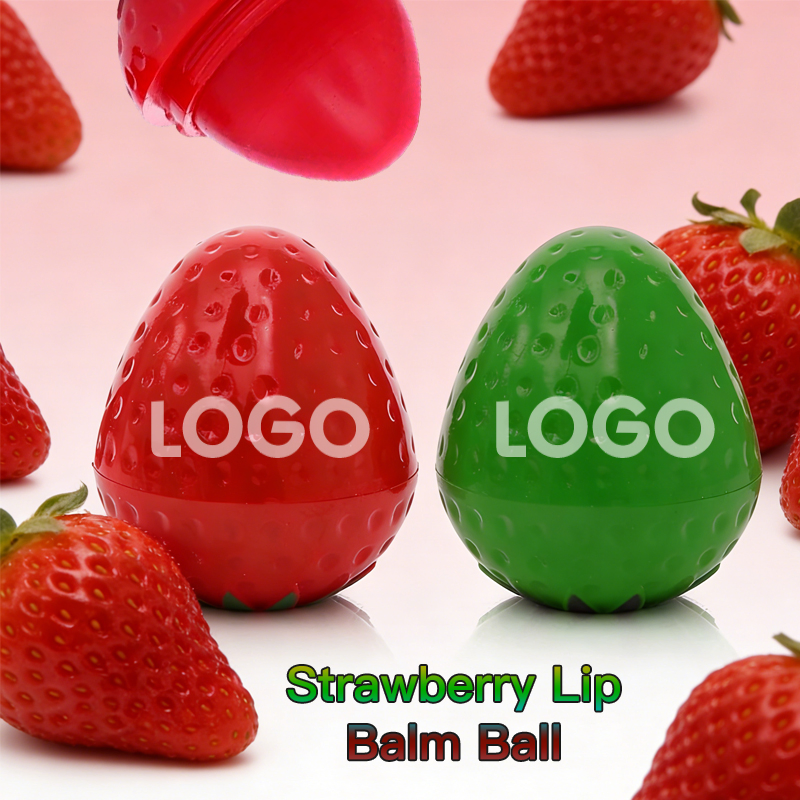 Private Label OEM ODM Moisturizing Nourishing Repairs Chapped Lips Smooths Volumizes Keychain Strawberry Shaped Lip Balm Ball