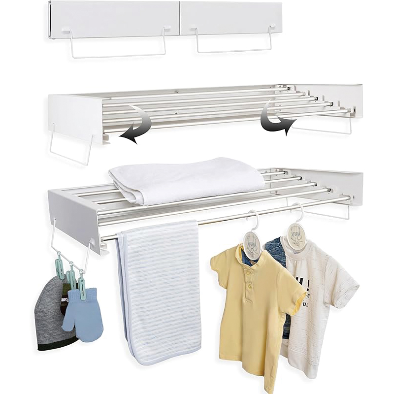 Bathroom Wall Mounted Pull out Hidden Indoor Stainless Steel Metal Folding Collapsible Laundry Clothes Drying Rack in Black