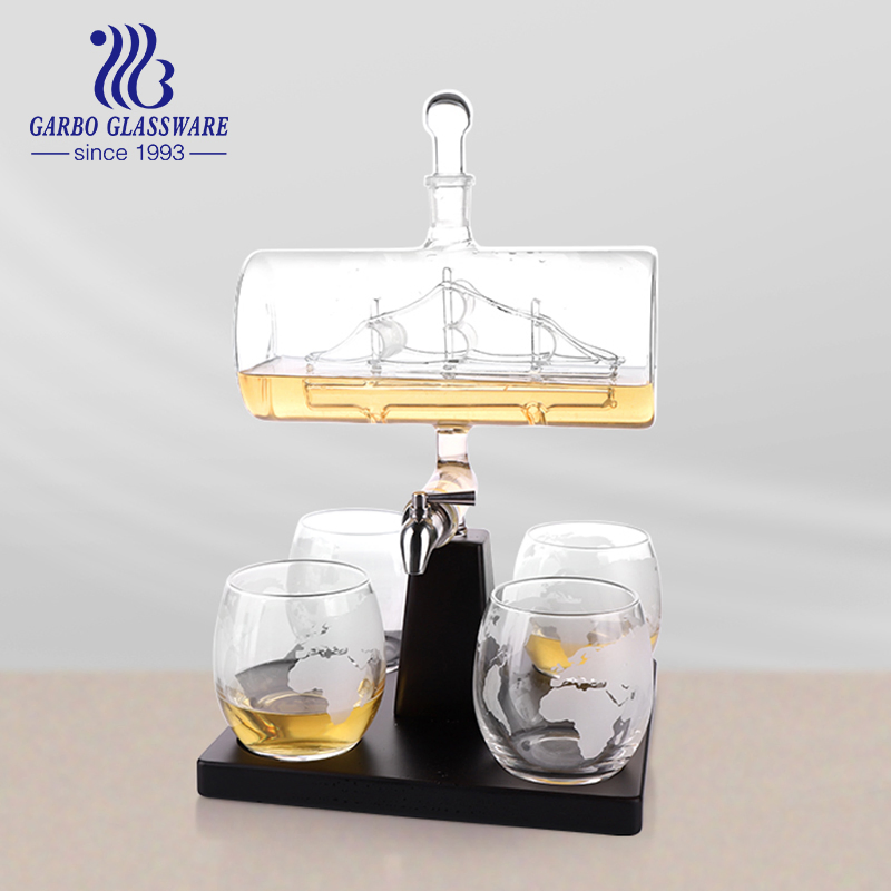 1 Liter High Borosilicate Unique Etched Logo Earth Globe Glass Wine Bottle Dispenser with Cup Gift Set