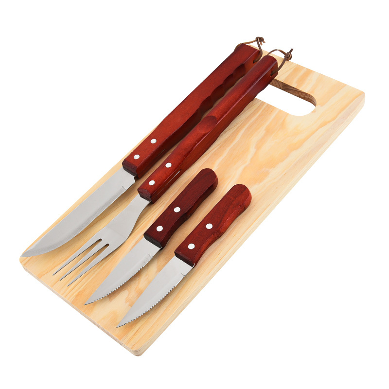 Wholesale Multifunctional Portable Grill Set Stainless Steel Wooden Handle Steak Knife, Fork and Spoon BBQ Tools Set