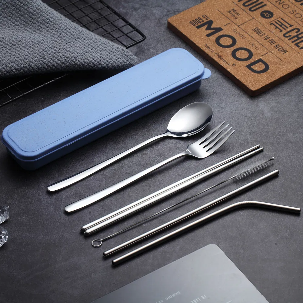 7PCS Camping Utensils Spoon Fork Chopsticks Straw Stainless Steel Travel Cutlery Set with Case