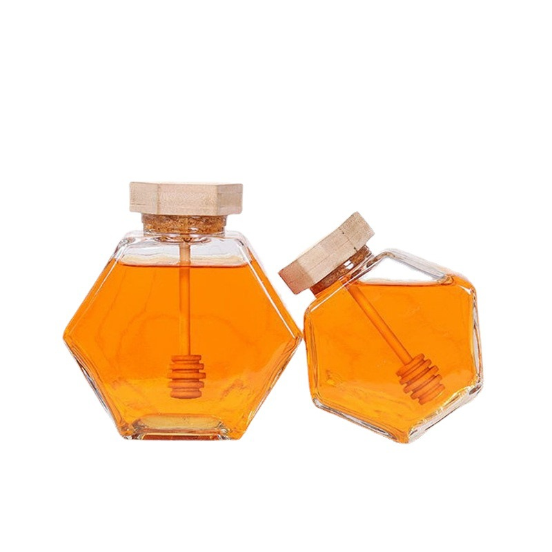 Hexagonal Glass Honey Jar with Bamboo Lid & Dipper