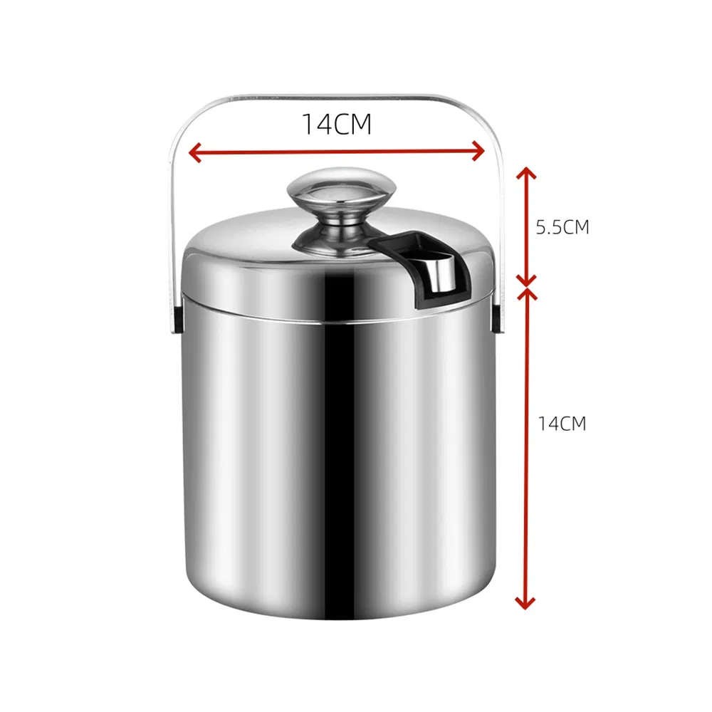 Stainless Steel 1.3L Ice Bucket with Lid and Tong Champagne Bucket Double-Deck Ice Cube Container Champagne Cooler
