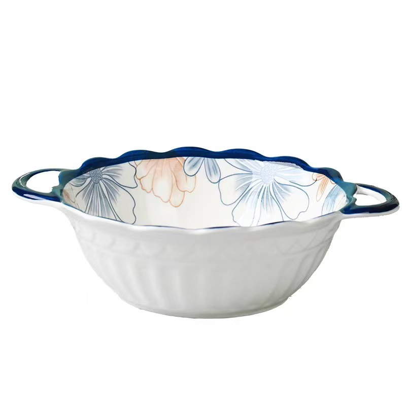 10"Food Bowl with Hands blue Pad Printing Stoneware Porcelainware Tableware