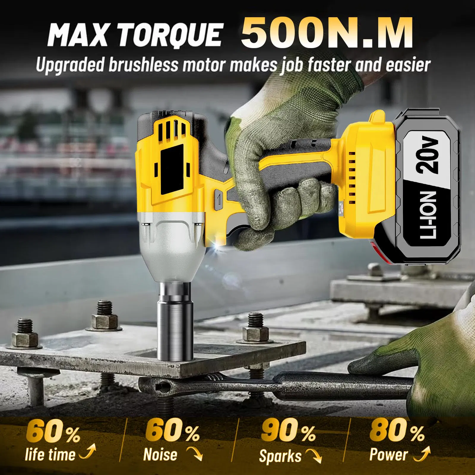 1/2" Drive 20V Industrial-Grade Cordless Impact Wrench 450n. M Torque with Brushless Motor for Heavy-Duty Industrial Tasks