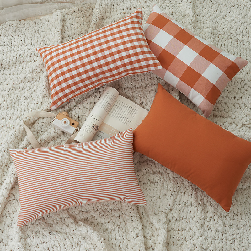 Check Plaid Throw Pillow Covers Cushion Case Polyester Linen for Fall Home Decor Orange and White
