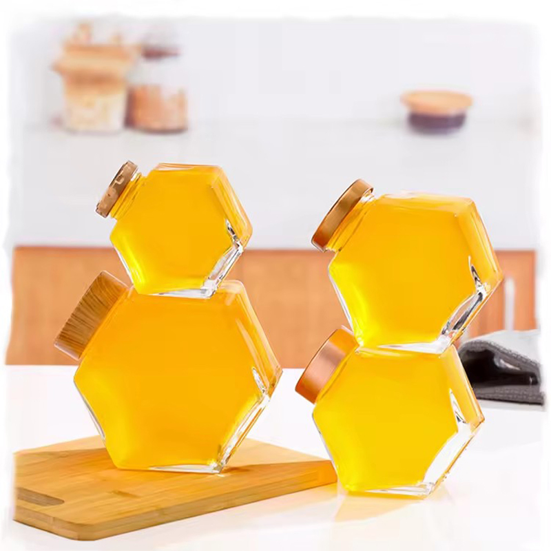8oz 14oz Flat Hexagonal Glass Honey Jam Food Jar with Wooden Lid