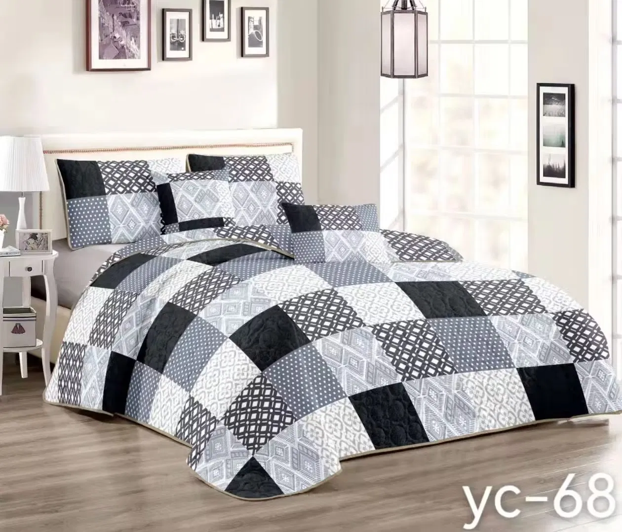 Black Printed Floral Design Bed Cover Set Quilting Pin Sonic Quilt Set