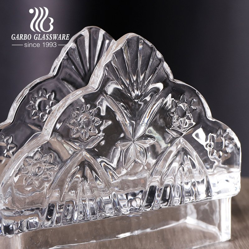 Promotion 5" Vintage Triangle Embossed Crystal Clear Glass Napkin Holder for Guest