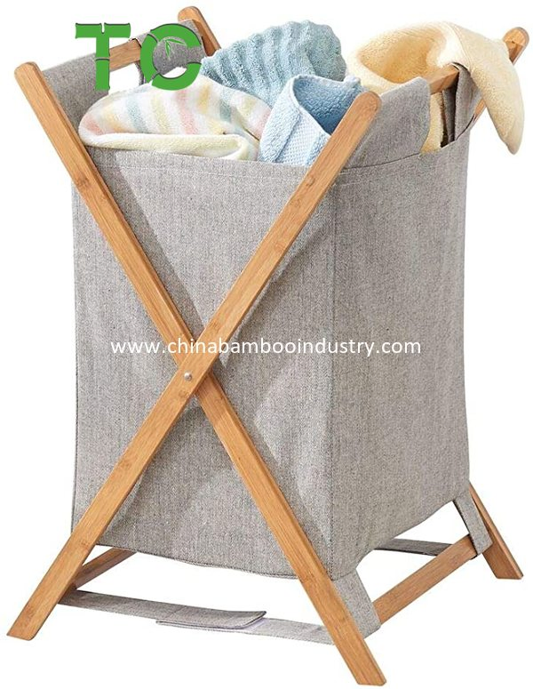 Wholesale Bamboo X Frame Laundry Hamper Storage Clothes Basket Storage Laundry Hamper Sorter Cart, Portable and Collapsible Laundry Basket