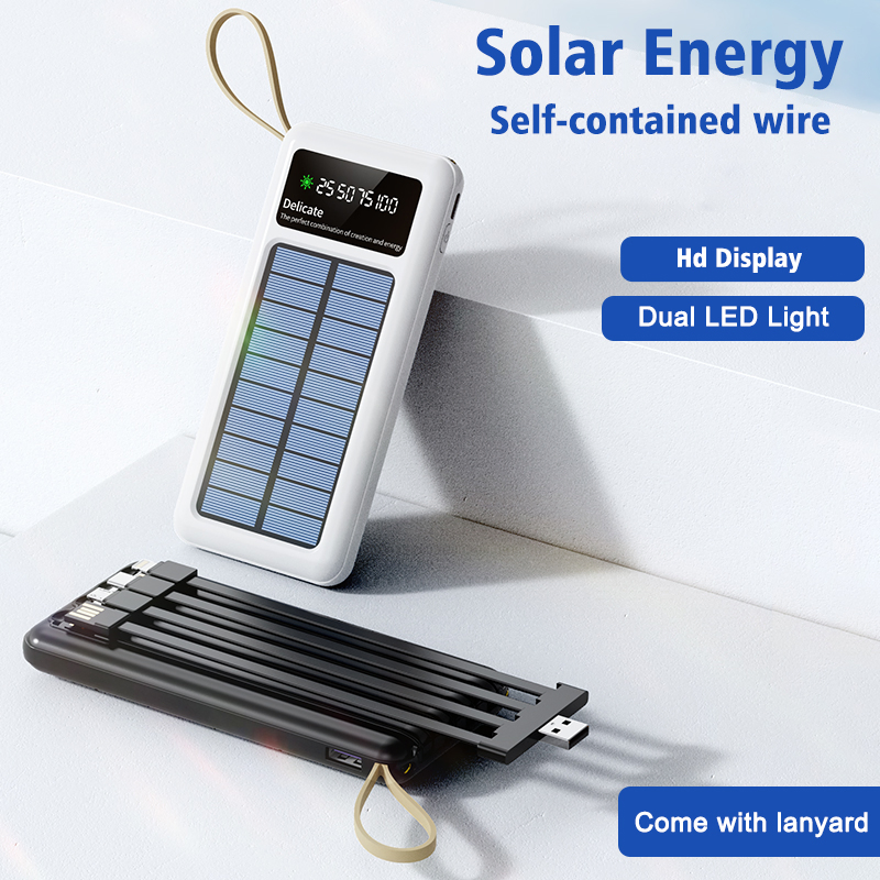 Solar Power Bank Come with Detachable Micro/Type-C/Lightning/USB Four - Cable HD Display Power Bank Wholesale