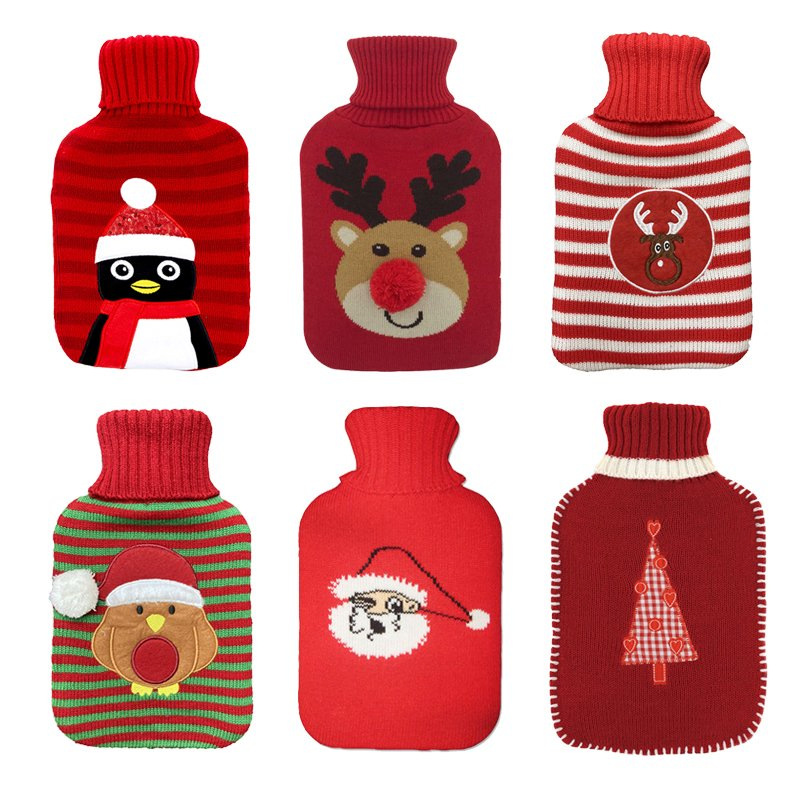 Wholesale Custom 100% Polyester Warm Red Christmas Elk Jacquard Knitted Embroidery Hot Water Bottle Cover
