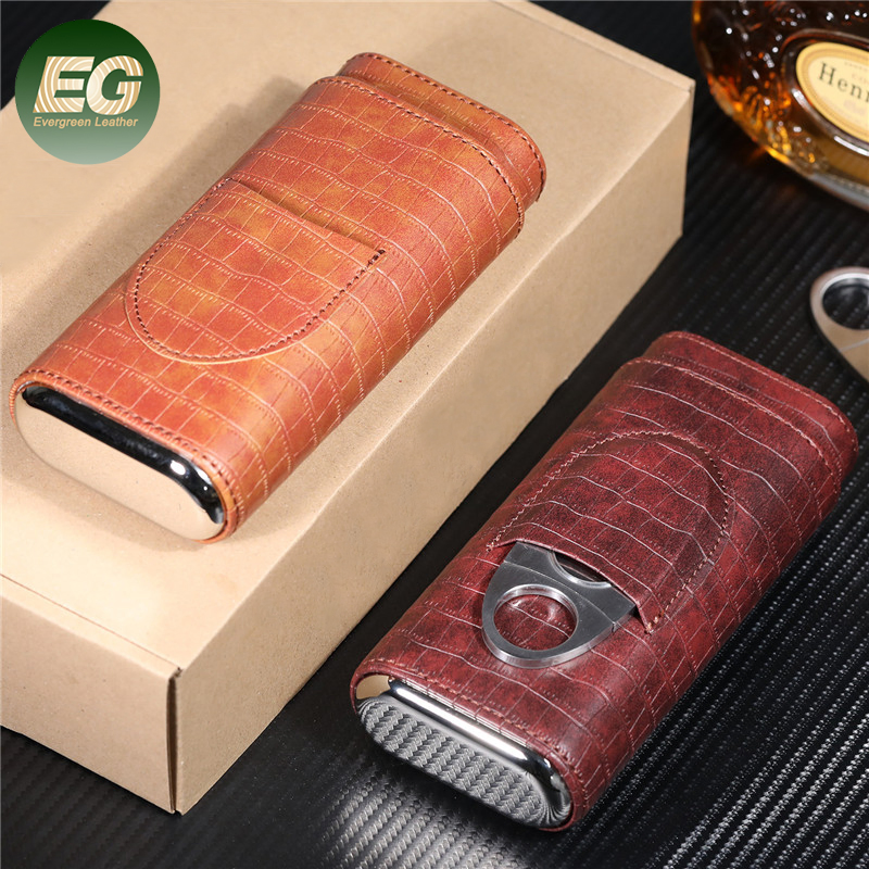 Ea456 Wholesale Custom Humidor 3 Finger Cigar Box Men Travel Portable PU Leather Small Luxury Hot Sale Durable Tube Cigars Case