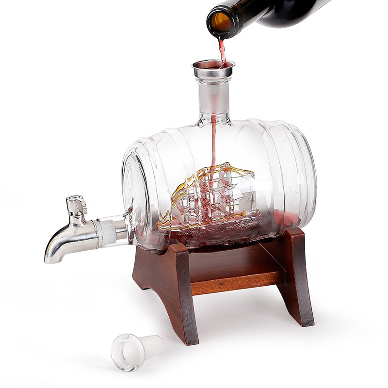 Decorative Glass Barrel Whiskey Decanter with Ship and Spigot for Liquor Wine Whiskey Brandy Dispenser