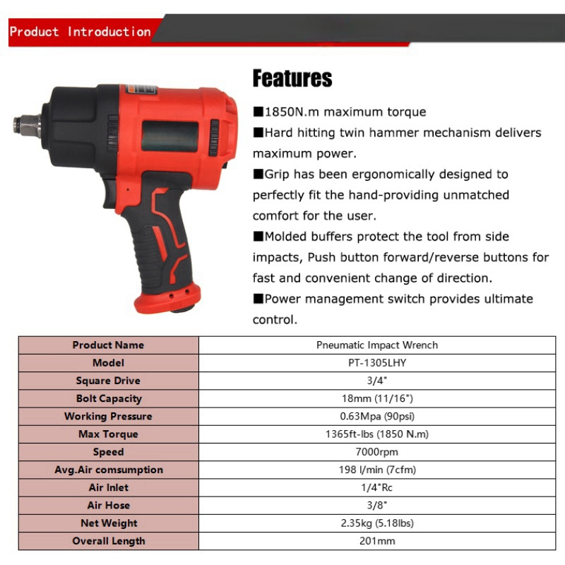 New Type Impact Wrench Heavy Duty, 3/4 in Hard Hitting Twin Hammer High Torque Pneumatic Wrench Impact