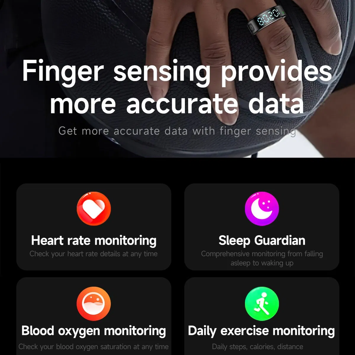 Sr08 Digital Display Smart Ring, Sleep Tracker Blood Oxygen Heart Rate Monitor Ring with Charging Case - Bright Black / Size 8