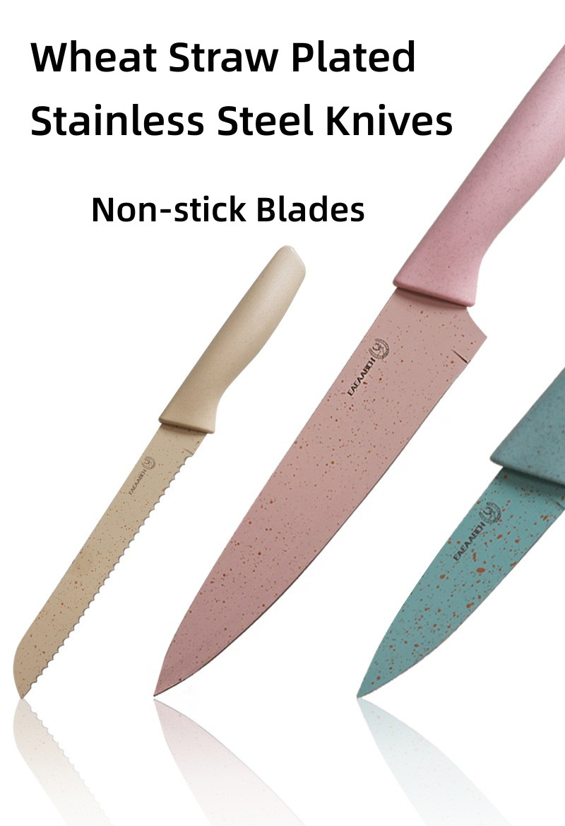 Wheat Straw Kitchen Knives, Food Safe Wheat Straw Stainless Steel Knife, 4 Knives, Scissors, Peeler 6PCS Small Set Kitchen Knife Set in Sliding Drawer Box