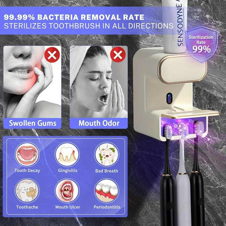 Wall-Mounted Wireless Smart Sterilizing and Drying Toothbrush Holder with UV Sterilizer Toothpaste Dispenser