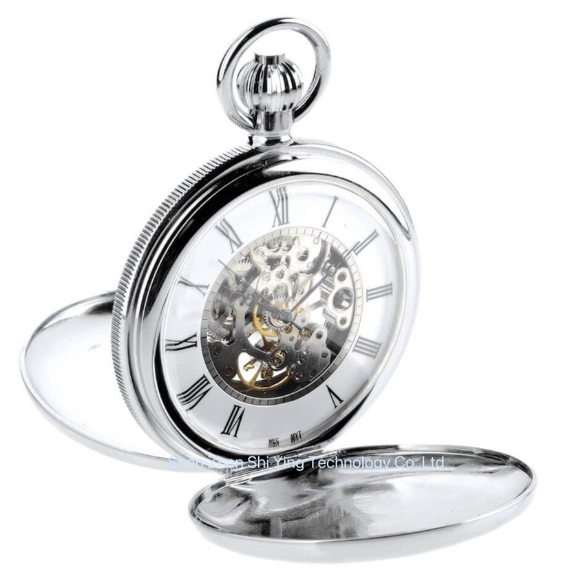 Man Silver Tone Full Hunter Skeleton Mechanical Pocket Watches with Chain