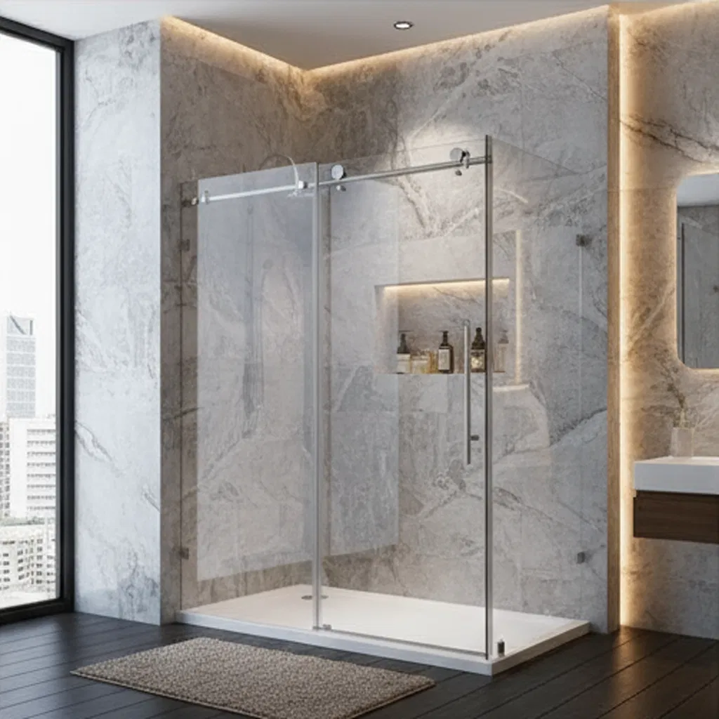 Stylish Frameless Corner Shower Door with Fixed Glass Panel