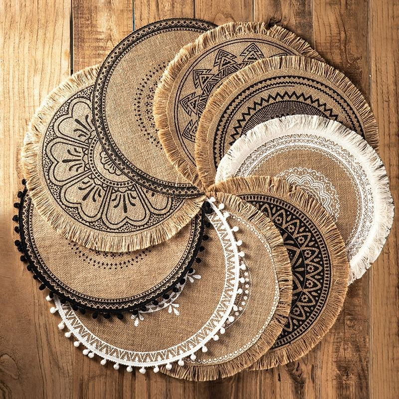 Bohemian Natural Burlap Placemat 15"Fringed Edge Round Jute Placemats for Dining Table Decorative