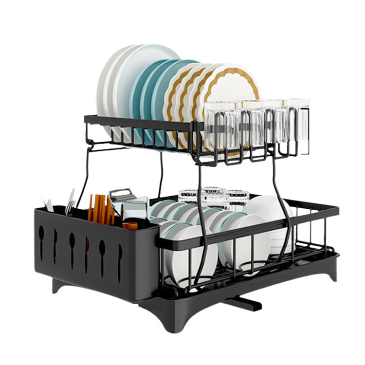 2 Tiers Large Capacity Detachable Dish Drying Rack with Water Tray