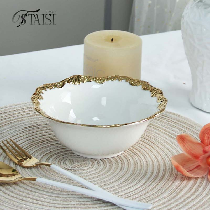 Ry009-Bowlr 6 8 Inch Porcelain Gold Rimmed Oatmeal Noodle Bowl Glazing Ceramic Round Bowl Set for Breakfast Eating