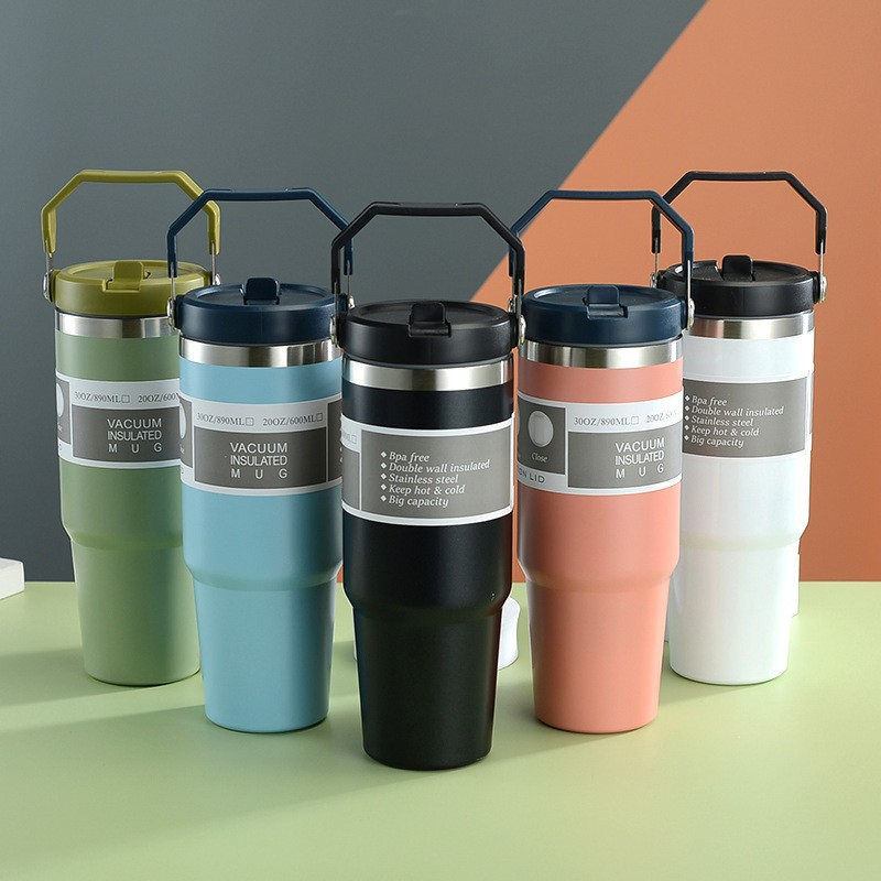 20oz 30oz Plastic Spray Ice Straw Mugs Portable Double-Layer Vacuum Stainless Steel Car Cup Thermal Insulation Bottle Thermos