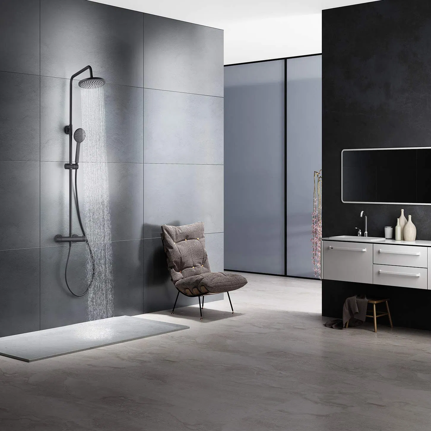 Modern Sanitary Ware Brass Wall Mounted Shower Head Black Round Shape Hand Shower with Brass Bath Faucet