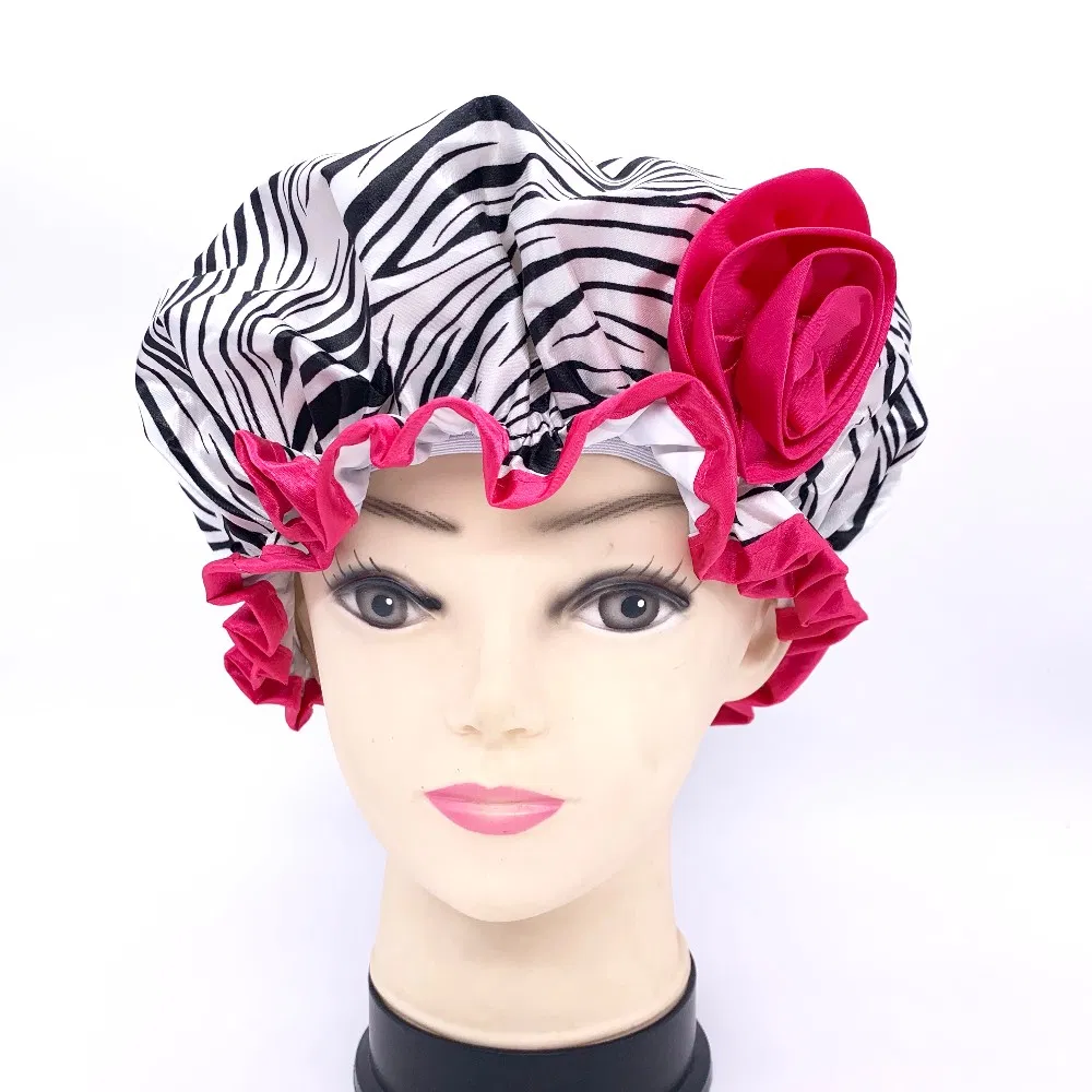 Zebra Printing Polyester Satin Fabric Double Layer Shower Caps with Flower