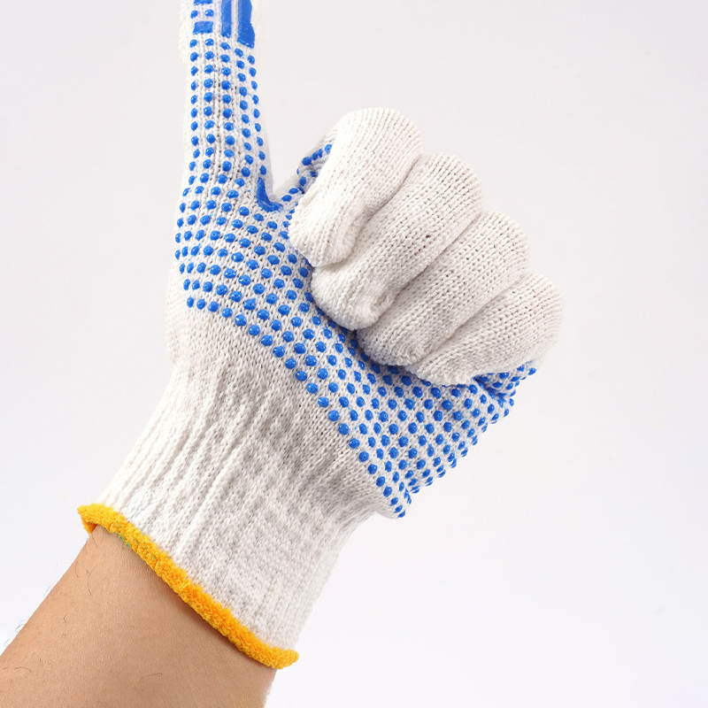 Polyester Cotton Seamless Knitted Work Gloves with One Side Blue PVC Dots