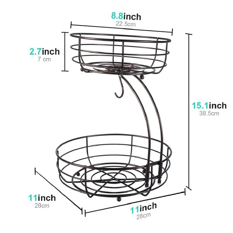 2-Tier Countertop Fruit Vegetables Basket Bowl Storage with Banana Hanger Detachable Vegetable Storage Fruit Stand Fruit Basket