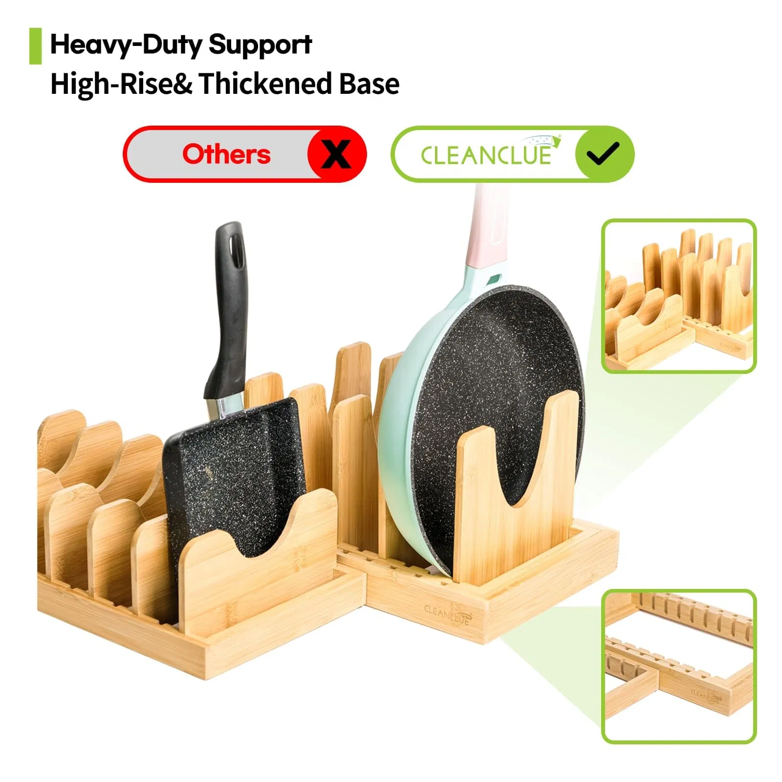 Pots and Pans Organizer Under Cabinet, Bamboo Expandable Bakeware and Cutting Board Organizers, Adjustable Pot Lids Holder Rack, Pan, Tray Rack