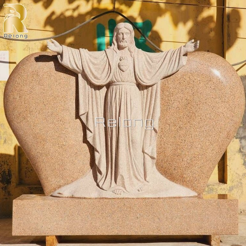 Customized Hand Carved Religious Headstone Red Granite Catholic Headstone