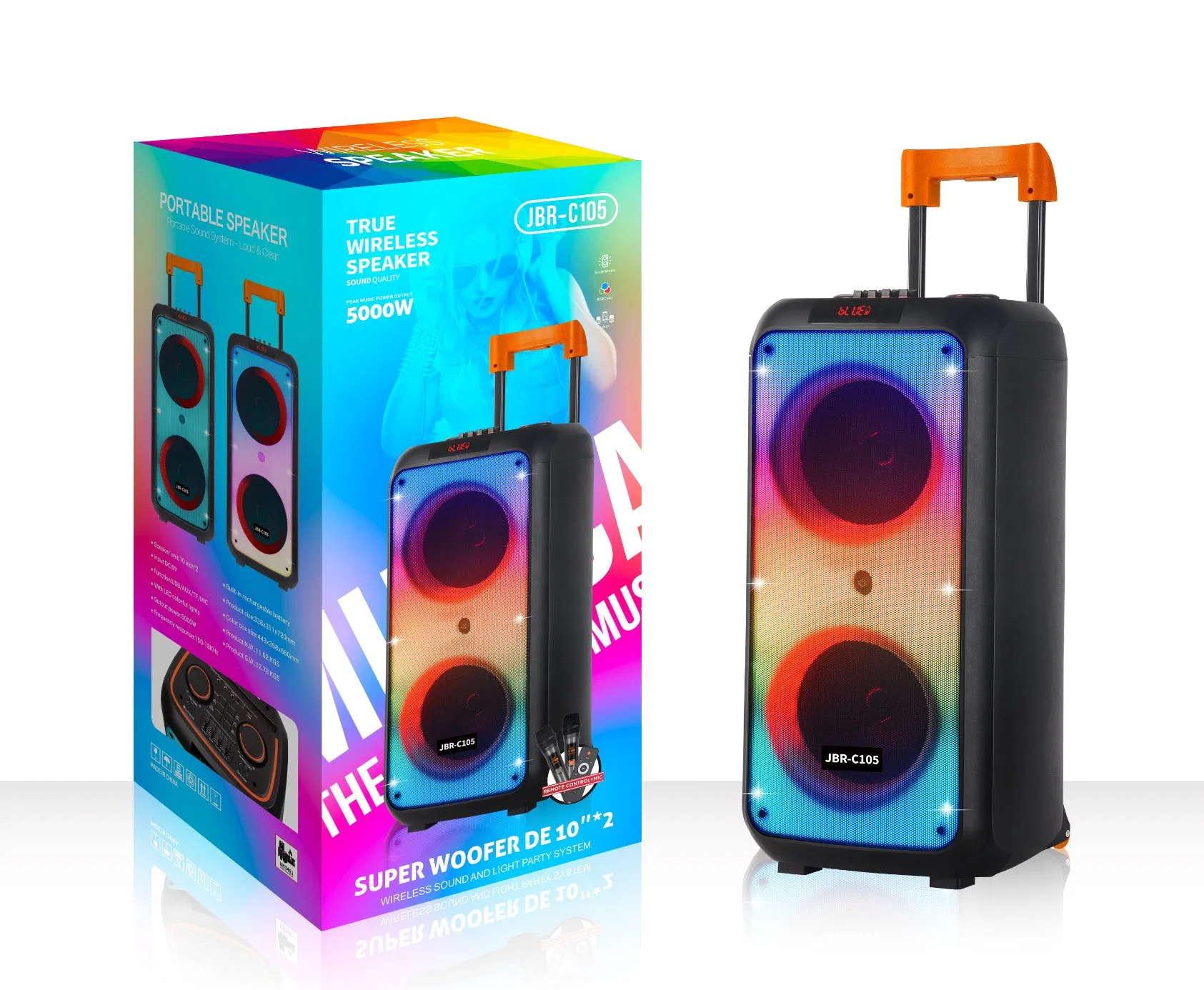 Double 10 Inch Rechargeable Portable Bluetooth Active Speaker Trolley Colorful LED Lights