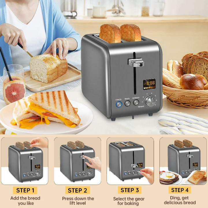 Factory Outlet 900W Wide Slots 2 Slice Stainless Steel Bread Toaster