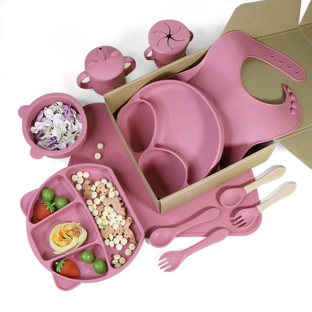 Kids Weaning Products Silicone Tableware Plate Bowl Spoon Fork Baby Feeding Sets
